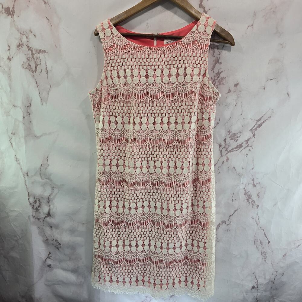 Eliza J Dress Womens 10 Medium Tank Lace Coral Pink White Knee Length Stretch